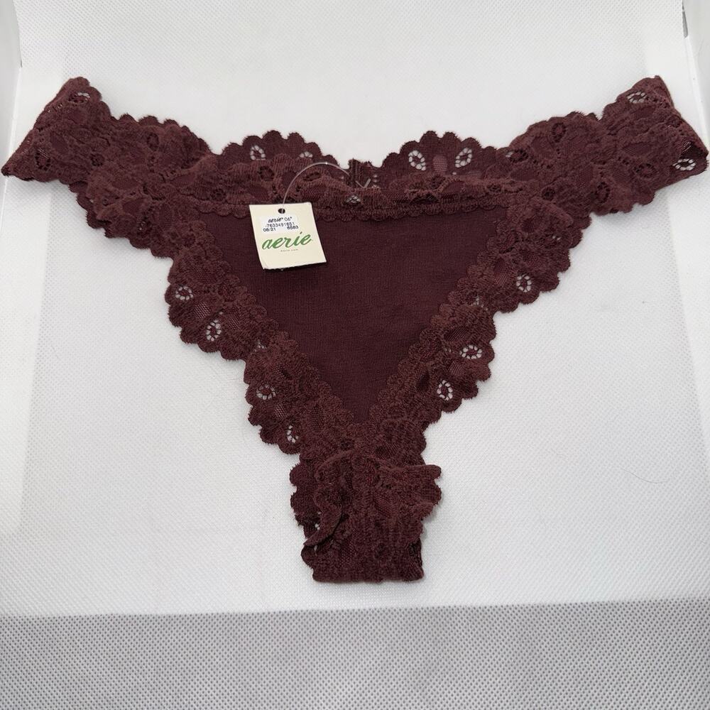 NWT AERIE Thong Sz XS Purple Burgundy Cotton Jersey Lace - Picture 2 of 5